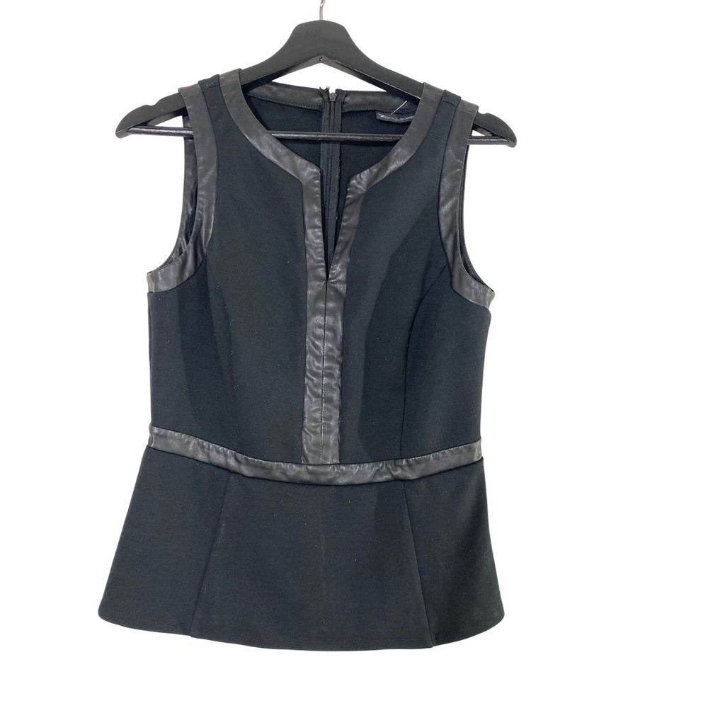 NY&Co Peplum Top Womens Small Black Excellent Faux Leather Trim Split Neck